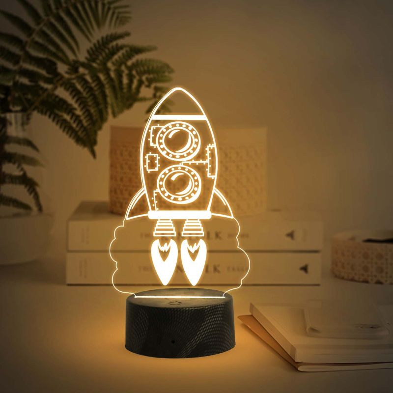 3D Illusion Rocket Night Lamp with Warm White Light Kids Room, Home Decor Birthday Gift for Kids